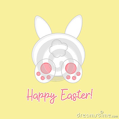 Happy Easter greeting card with cute easter bunny from back view and writing Vector Illustration