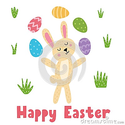 Happy Easter greeting card with a cute bunny juggling eggs. Springtime cute bunny print Vector Illustration