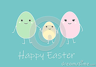 Happy Easter greeting card with Cute cartoon egg family, mather father and kid. Colorful funny smiling character with Vector Illustration