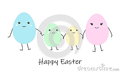 Happy Easter greeting card with Cute cartoon egg family, mather father and kids. Colorful funny smiling character with Vector Illustration