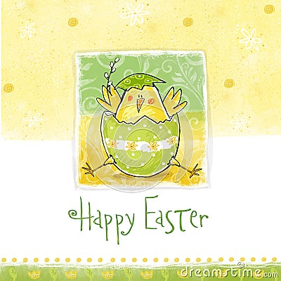Happy easter greeting card. Cute chicken with text in stylish colors. Stock Photo