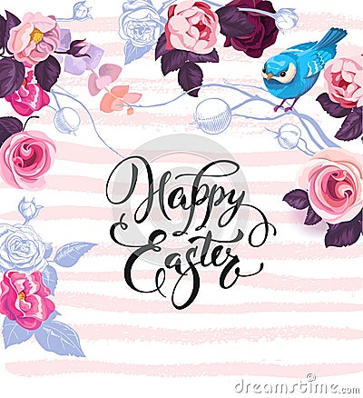 Happy Easter greeting card decorated by gorgeous bunches of semi-colored roses, colorful eggs and cute blue bird against Vector Illustration