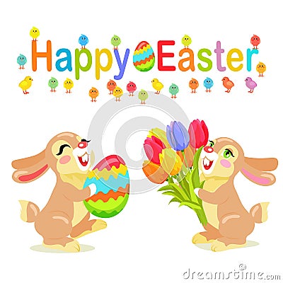 Happy Easter Greeting Card Design. Milk Bunnies Vector Illustration