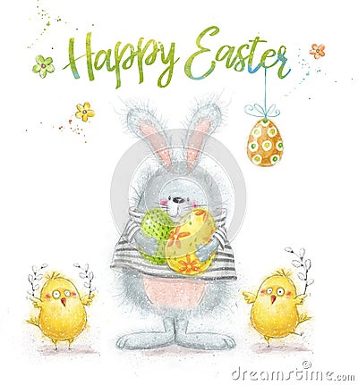 Happy Easter greeting card design. Rabbit with eggs and with cute chickens, flowers. Stock Photo