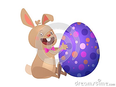 Happy Easter greeting card with Egg and Bunny. Funny Brown Cute Easter Bunny with Colorful Egg. Vector illustration Vector Illustration