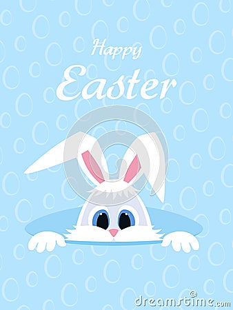 Happy Easter greeting card with eggs background and rabbit. White cute Easter Bunny peeking out of a hole. long ears. Vector Illustration