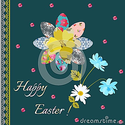 Happy Easter greeting card with eggs in form of flower and bouquet of daisy, daffodil and blue cosmos flowers Vector Illustration