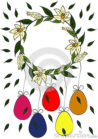 Happy Easter greeting card with flower wreath and easter eggs Vector Illustration