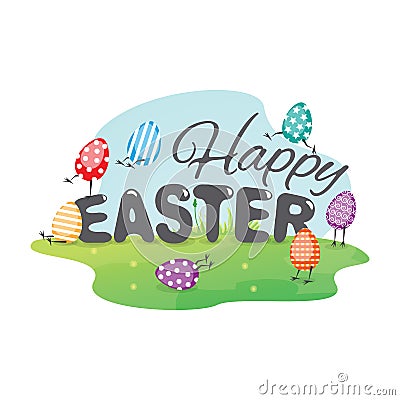 Happy Easter greeting card with funny eggs. Vector Illustration