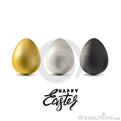 Happy Easter greeting card. Golden, silver and black 3d Easter eggs isolated on white background. Vector illustration Vector Illustration