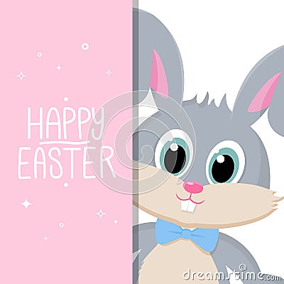 Happy Easter greeting card with handwritten holiday wishes and easter rabbit. Vector Illustration