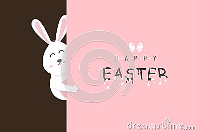 Happy Easter greeting card holiday, cute rabbit and liquid text sweet dessert, poster, paper cover, pink and chocolate concept, Vector Illustration