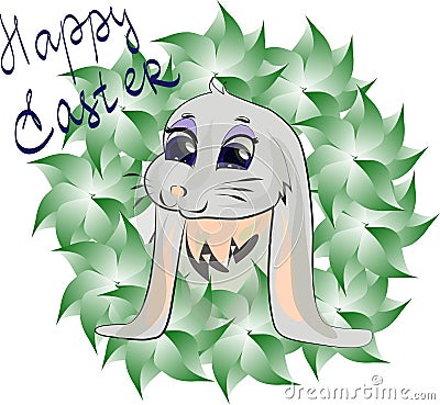 Happy Easter greeting card with Leaves and Bunny. Vector illustration. Banner Vector Illustration