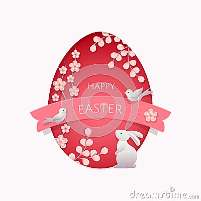 Happy Easter greeting card with flowers, branches, birds and Easter rabbit Vector Illustration