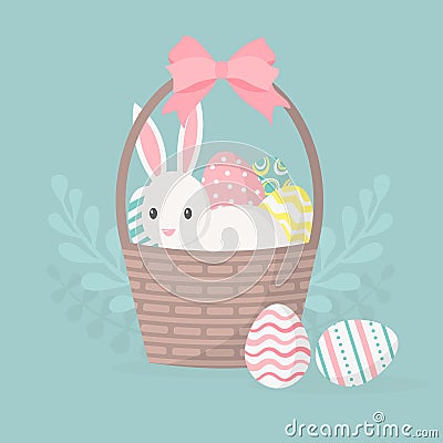 Happy easter greeting card, poster with cute bunny. Rabbit and basket with easter eggs. Vector illustration Vector Illustration