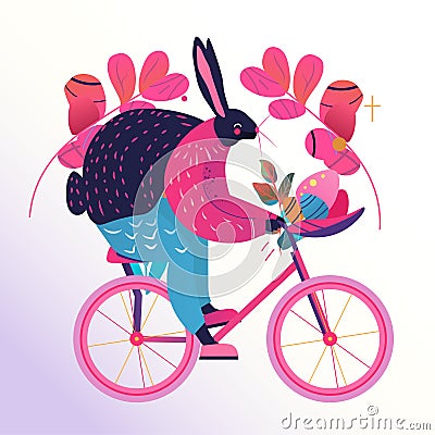 Happy Easter greeting card with rabbit riding on bike spring holiday celebration card Vector Illustration