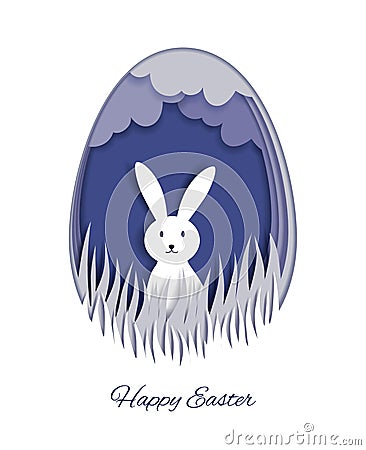 Happy Easter greeting card template. 3d paper cut easter rabbit bunny holiday background. Vector illustration. Vector Illustration