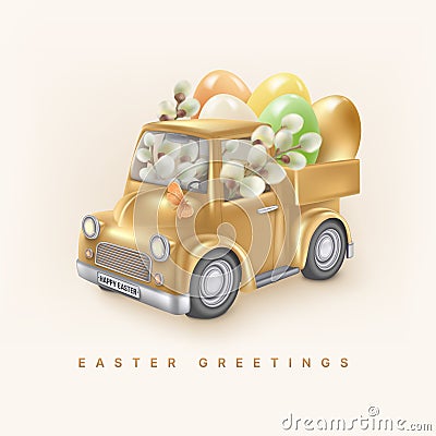 Happy Easter greeting card with toy car and eggs with willow Vector Illustration