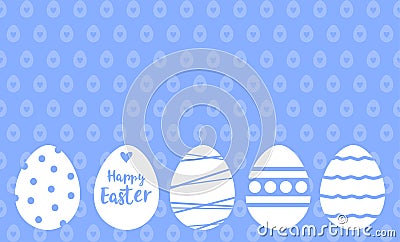 Happy Easter greeting card. White easter eggs on a blue background wiith copy space Vector Illustration