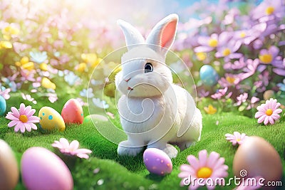 Happy Easter greeting cards. Easter eggs and floral decorative elements, 3d render modern illuatration Stock Photo