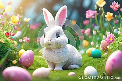 Happy Easter greeting cards. Easter eggs and floral decorative elements, 3d render modern illuatration Stock Photo