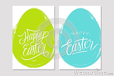 Happy Easter greeting cards with handwritten holiday wishes and brush stroke egg shape background. Vector Illustration