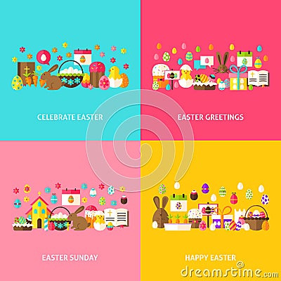 Happy Easter Greeting Set Vector Illustration