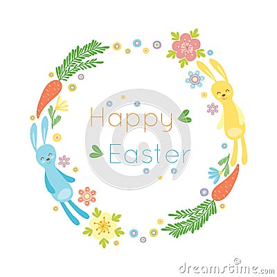 Happy easter hand drawn badge with hand lettering greeting decoration element and natural wreath handmade style vintage Vector Illustration