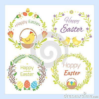 Happy easter hand drawn badge with hand lettering greeting decoration element and natural wreath handmade style vintage Vector Illustration