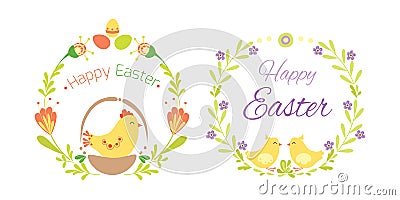 Happy easter hand drawn badge with hand lettering greeting decoration element and natural wreath handmade style vintage Vector Illustration