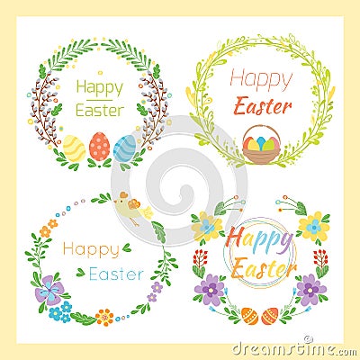 Happy easter hand drawn badge with hand lettering greeting decoration element and natural wreath handmade style vintage Vector Illustration