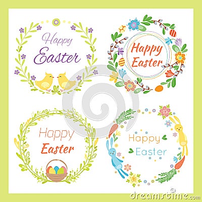 Happy easter hand drawn badge with hand lettering greeting decoration element and natural wreath handmade style vintage Vector Illustration