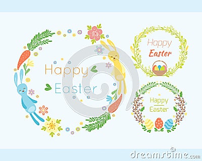 Happy easter hand drawn badge with hand lettering greeting decoration element and natural wreath handmade style vintage Vector Illustration