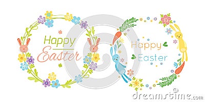 Happy easter hand drawn badge with hand lettering greeting decoration element and natural wreath handmade style vintage Vector Illustration