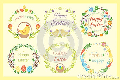 Happy easter hand drawn badge with hand lettering greeting decoration element and natural wreath handmade style vintage Vector Illustration