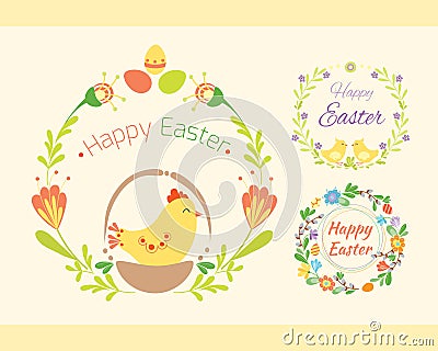 Happy easter hand drawn badge with hand lettering greeting decoration element and natural wreath handmade style vintage Vector Illustration