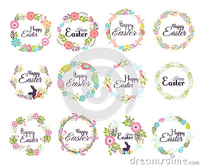 Happy easter hand drawn badge hand lettering greeting decoration element and natural wreath spring flower vector Vector Illustration