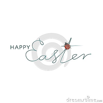 Happy Easter Hand drawn calligraphy lettering with ladybug. Logo for holiday greeting card and invitation of the happy Easter day Vector Illustration