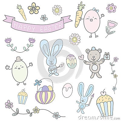 Happy easter hand drawn cute pastel set vector Vector Illustration