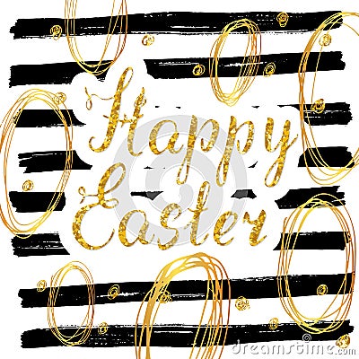 Happy Easter hand drawn greeting card with lettering and sketched doodle elements, gold glitter on black lines background Vector Illustration