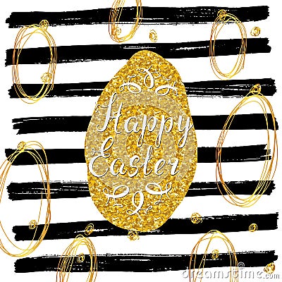Happy Easter hand drawn greeting card with lettering and sketched doodle elements, gold glitter ester egg on black lines backgroun Vector Illustration