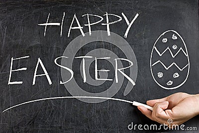 Happy Easter Hand Egg Blackboard Stock Photo