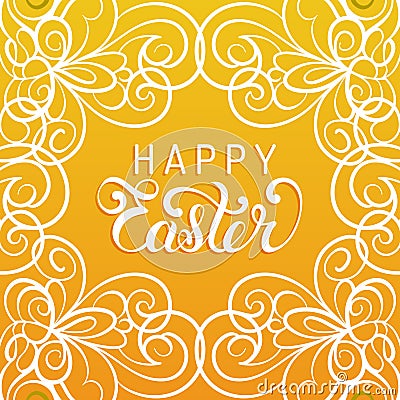 Happy Easter handwritten type greeting card in tracery pattern frame. Religious holiday vector illustration for poster. Vector Illustration