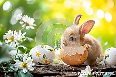 Cute miniature rabbit with egg shell, egg elements and spring flowers Stock Photo