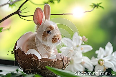 Cute miniature rabbit in egg shell with easter egg elements and spring flowers Stock Photo