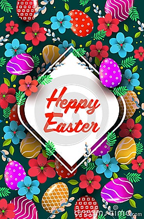 happy easter holiday celebration banner flyer or greeting card with decorative eggs and flowers vertical Cartoon Illustration