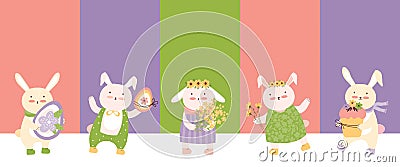 Happy Easter. Horizontal holiday banner. Cute rabbits and hares with Easter eggs, a cake and a bouquet of flowers on a Vector Illustration