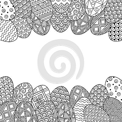 Happy easter. Horizontal Vignette of Black and white Doodle Easter eggs. Coloring book for adults for relaxation and meditation. V Vector Illustration