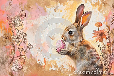 Happy easter hydrangeas Eggs Kooky Basket. White Artful note Bunny lavender. Cyan blue background wallpaper Cartoon Illustration