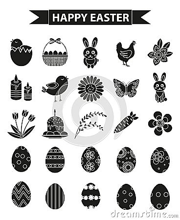 Happy Easter icon set, black silhouette, outline style. Vector illustration. Vector Illustration